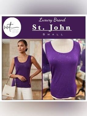 ST. JOHN Purple Knit Tank Shimmer Shiny Embellished Top Sleeveless Luxury